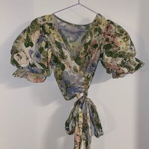Cropped Floral Wrap Blouse w/ Puffy Sleeves